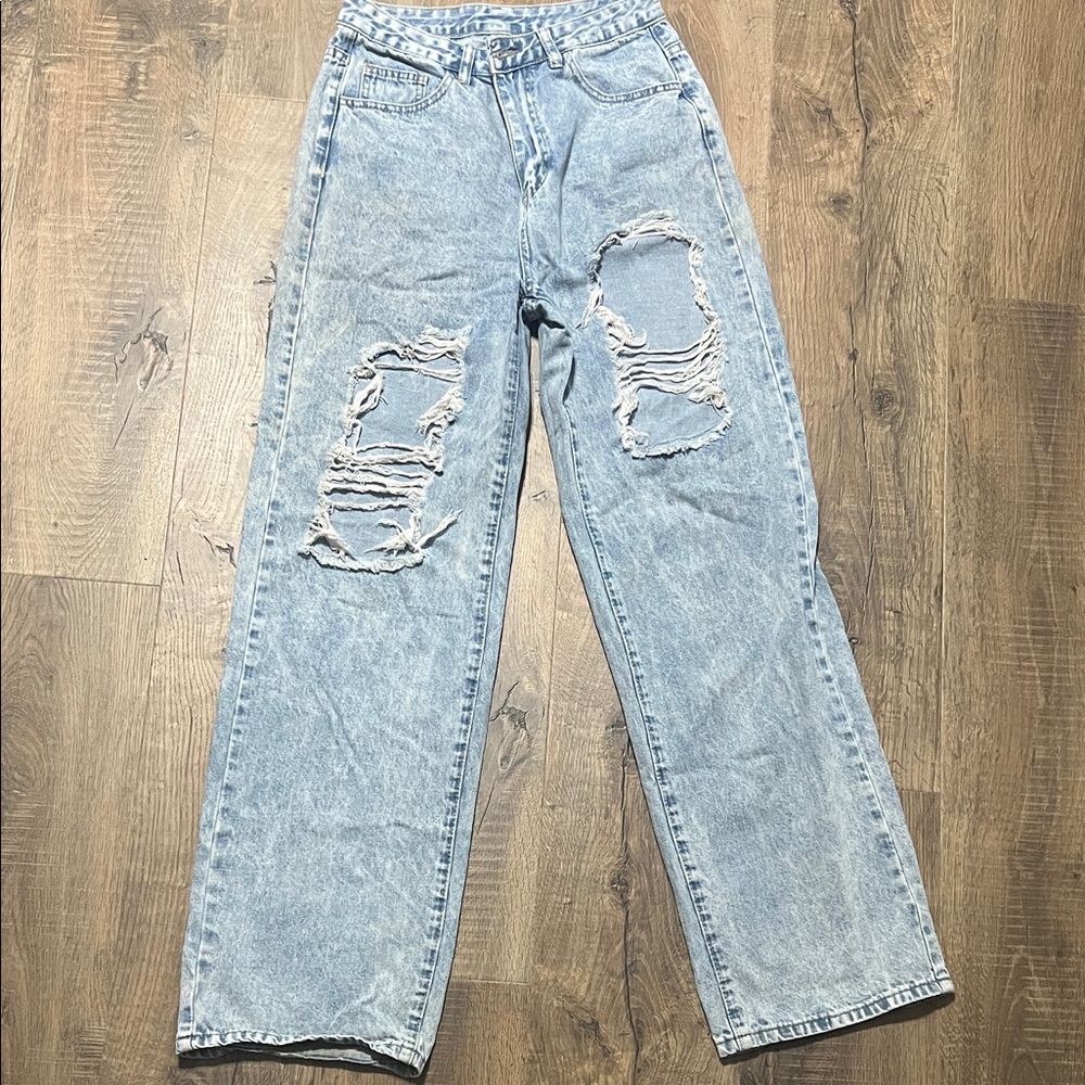 SHEIN Women’s Relaxed Distressed Jeans in Light Blue